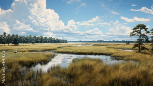 Marshland created with Generative AI. Lakes and grassland and a few trees. © mg photo