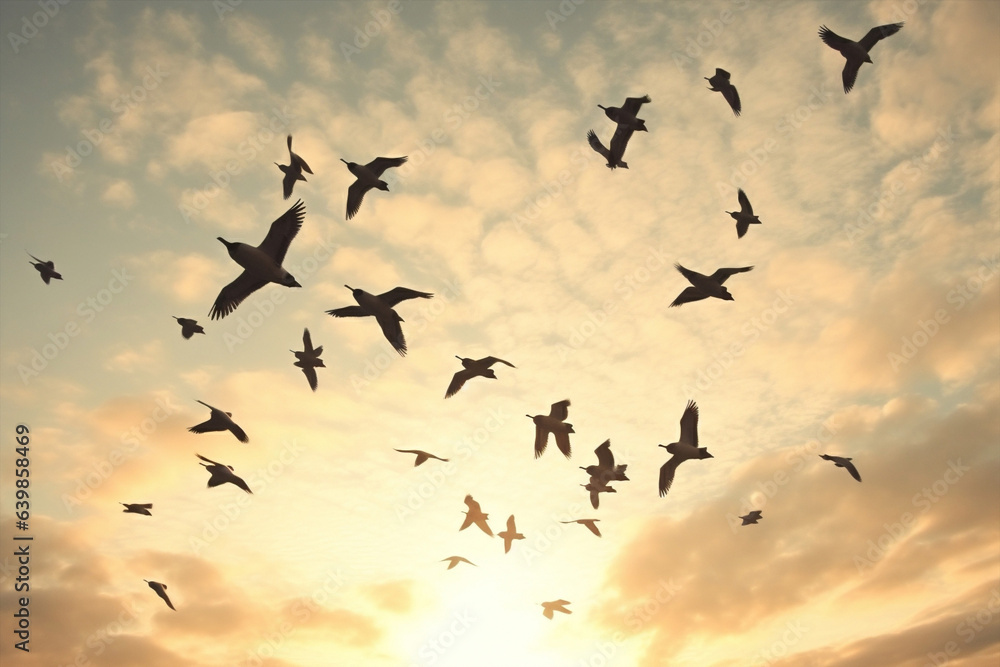 Fototapeta premium Birds sky murmuration group blue city urban flock wildlife flying nature flight