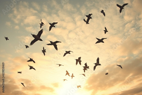 Birds sky murmuration group blue city urban flock wildlife flying nature flight © VICHIZH