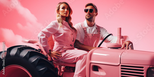 Couple in a pink tractor on pink background. . A man and a woman in a romantic relationship on a pink background.. Valentine's Day, Romance, and Love card photo