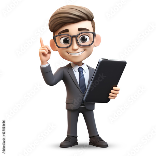 3D cute young businessman character with tablet