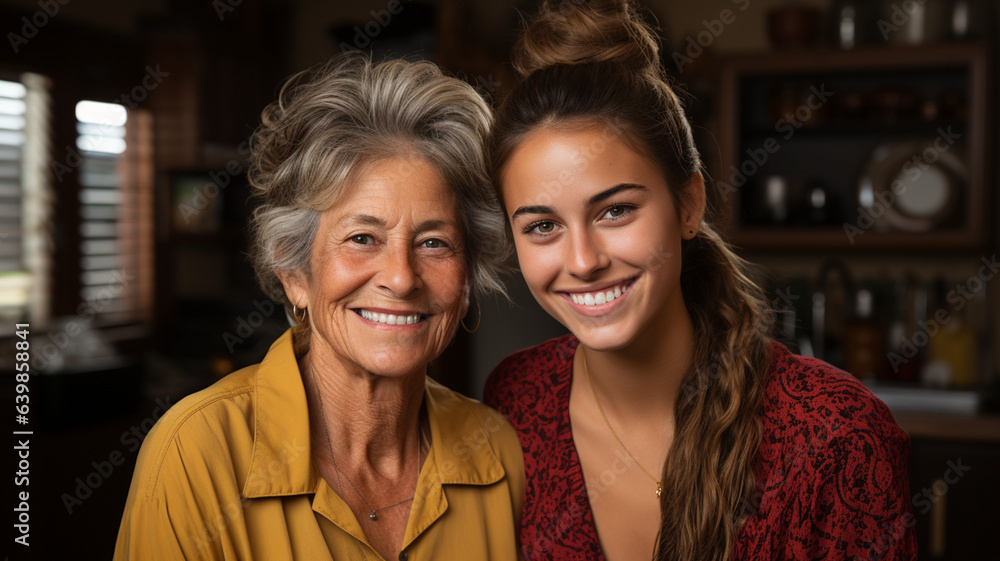 Generative AI. Portrait of positive models of grandmother and granddaughter in casual clothes smiling and looking at camera Generative AI. Portrait of positive models of grandmother and granddaughter in casual clothes smiling and looking at camera