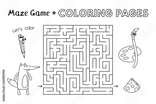 Cartoon fox maze game. Vector coloring book pages for children