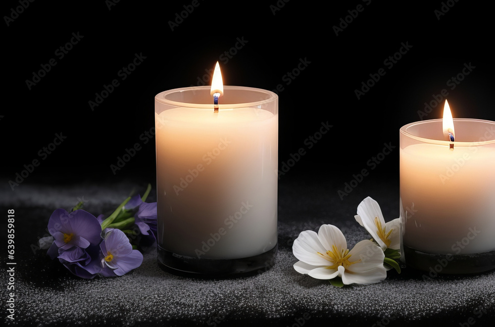 Burning Candles and Flowers on a Black Background. Generative AI. Burning Candles and Flowers on a Black Background. Generative AI.
