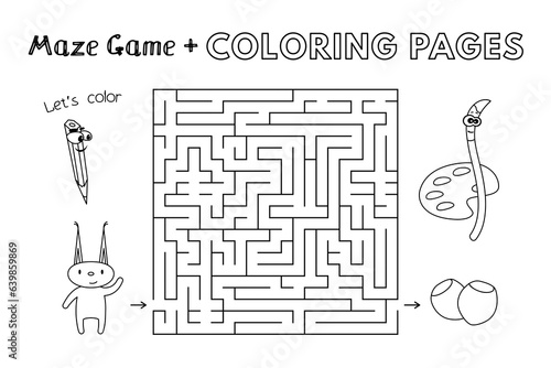 Cartoon squirrel maze game. Vector coloring book pages for children