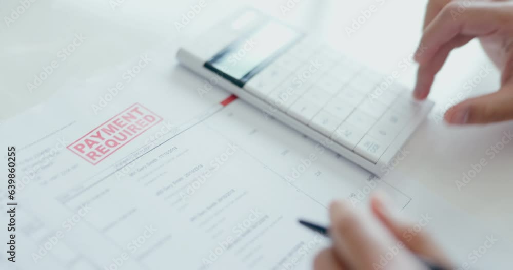 Person, hands and calculator with documents in payment, debt or financial crisis on table at home. Closeup of accountant or employee in finance stress, budget planning or audit mistake at the house Person, hands and calculator with documents in payment, debt or financial crisis on table at home. Closeup of accountant or employee in finance stress, budget planning or audit mistake at the house