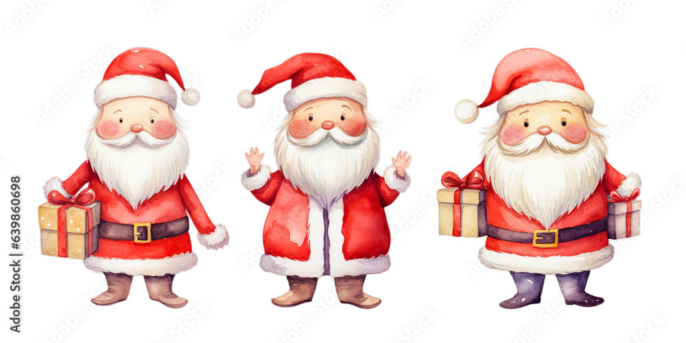 Set of watercolor cute Santa Claus on white	