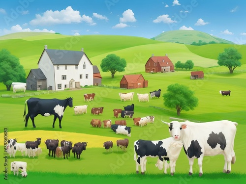 34 icons Rural meadow or countryside farm set. A village landscape with cows, goats 