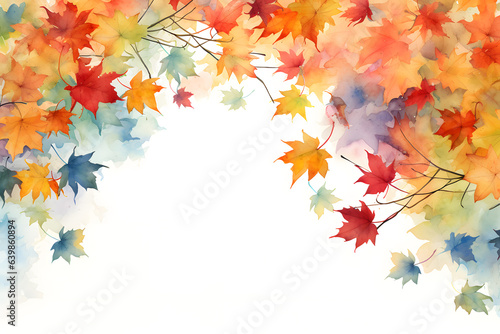 Beautiful red maple leaves frame on white background. Watercolor illustration background