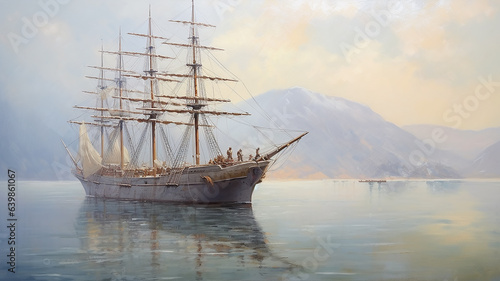 Valokuva brigantine ship sailboat seascape drawing art.