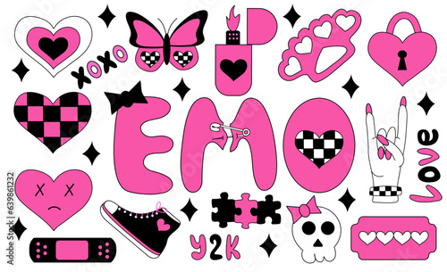 Set of emo elements. Y2k style. Hearts in chessboard, blade, Emo lettering, brass knuckles, rock sign, sneakers, butterfly, skull, lighter. Black and pink. Vector flat illustration.