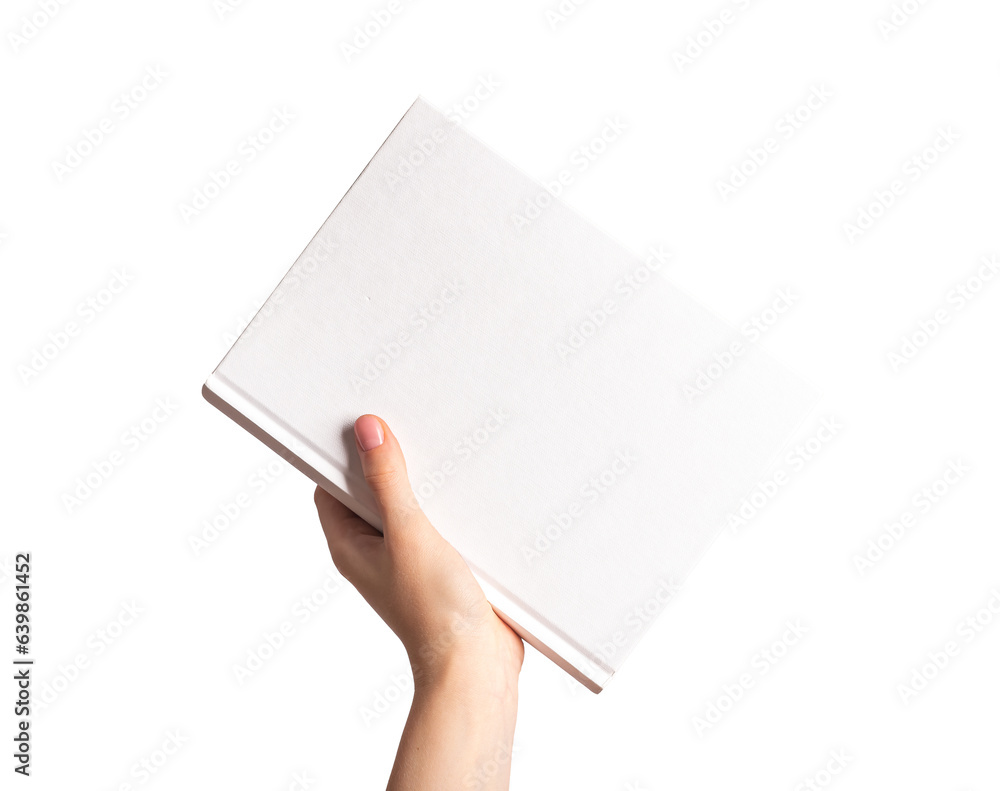 Hands holding closed book cover mockup, blank hard back, hardcover mock-up isolated on white background - obrazy, fototapety, plakaty 