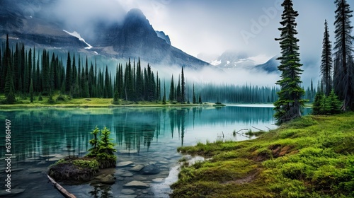 Serene Beauty of Foggy Mountain Lake in Banff National Park, Alberta, Canada. Scenic Rocky Landscape and Nature Travel Destination