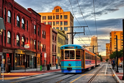 Architectural Beauty: Downtown Baltimore's Vivid Colors and Skyline with Light Rail Tracks on Howard Street in Stunning Blue Cloudscape