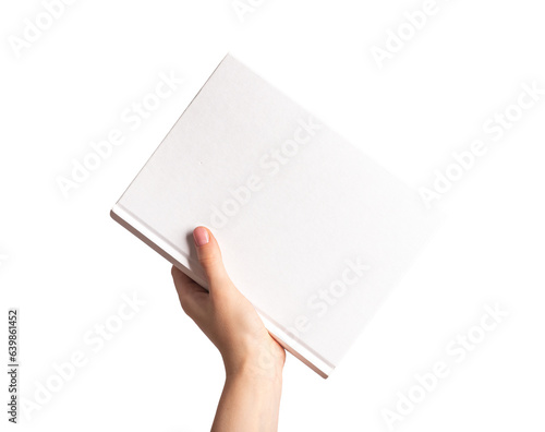 Hands holding closed book cover mockup, blank hard back, hardcover mock-up isolated on white background