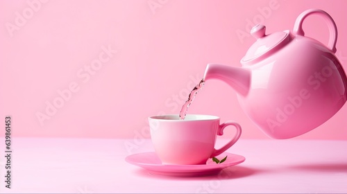 Tea Time: Pouring Herbal Tea from Porcelain Teapot into Cup on Pink Surface. Flat Lay Top-View Concept