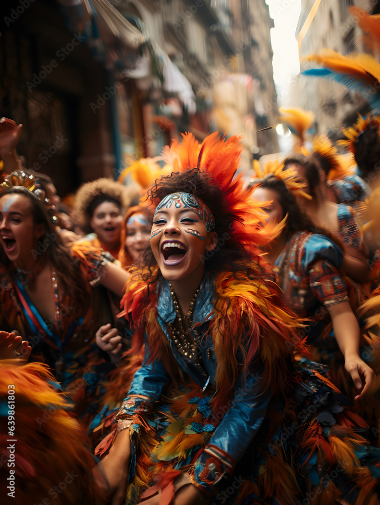 Brazilian Carnival: Vibrant Laughing Girl in Colorful Costume