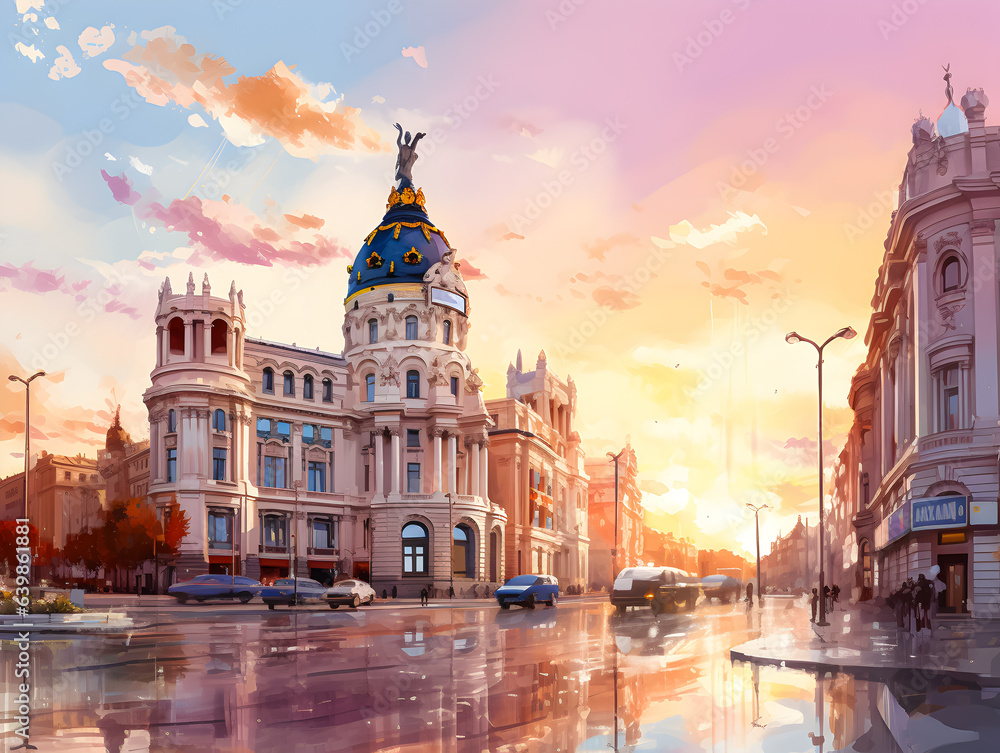 Naklejka premium Golden sunset on city streets, historic buildings bathed in warm light.