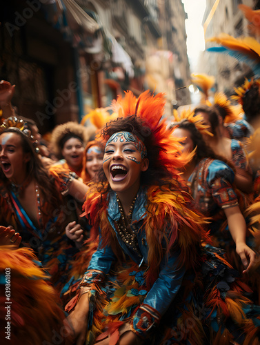 Brazilian Carnival: Vibrant Laughing Girl in Colorful Costume