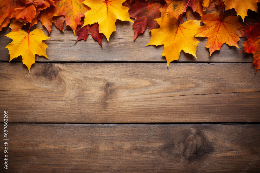 Autumn concept: Fall background with maple leaves on wood, with space for text Autumn concept: Fall background with maple leaves on wood, with space for text