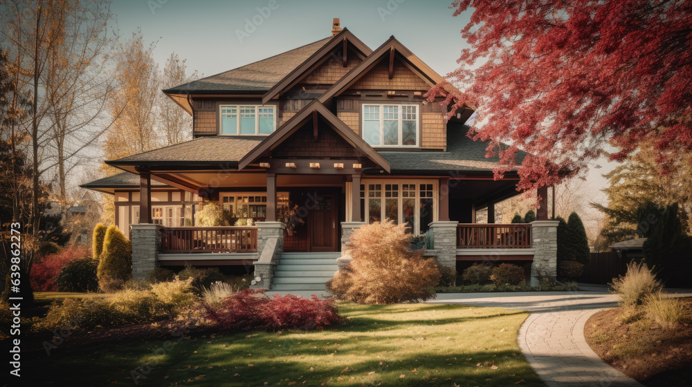 Gorgeous craftsman style home, custom-made with a three-car garage and stunning wooden doors. The yard is adorned with vibrant spring foliage, creating a picturesque landscape with sunlight casting. Gorgeous craftsman style home, custom-made with a three-car garage and stunning wooden doors. The yard is adorned with vibrant spring foliage, creating a picturesque landscape with sunlight casting.