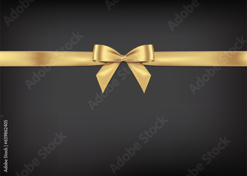 Realistic Gold bow shiny satin and long horizontal ribbon  with shadow,golden ribbon for decorate your wedding card,certificate or gift card,vector EPS10 isolated on black gradient background.
