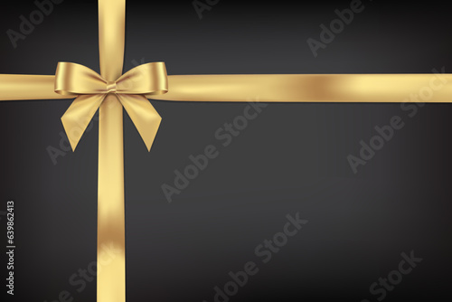 Realistic Gold bow shiny satin and crossed ribbons horizontal line with shadow,golden rinbon for decorate your wedding card,certificate or gift card,vector EPS10 isolated on black gradient background.