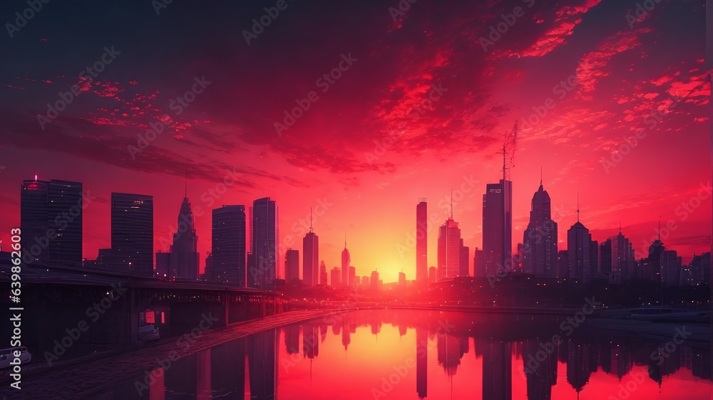 City skyline at red sunset