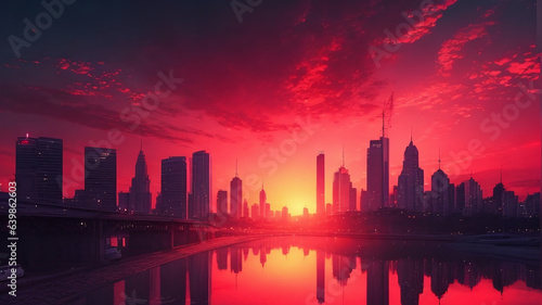 City skyline at red sunset
