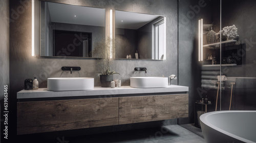 Gray bathroom interior with double sink.