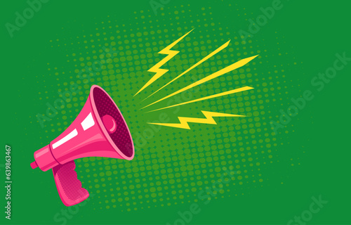 Vector vintage poster with retro pink megaphone on green background. Retro megaphone green halftone background.