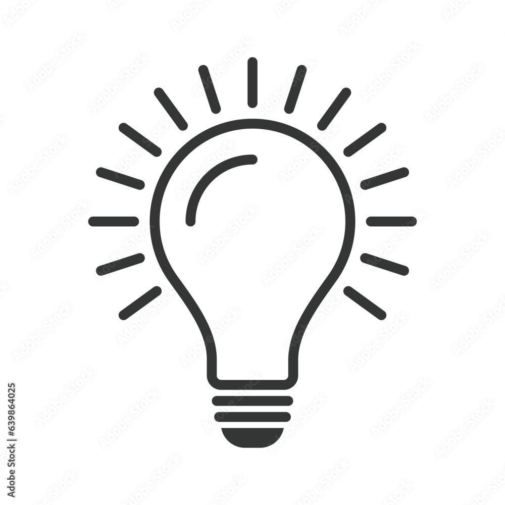 Light Bulb Vector Icon Outline, Lightening, Electric Lamp, Represents Idea And Innovation Sign, Thinking Concept, Innovative, Brainstorm Design Elements, Electric Bulb Light With Rays Glowing Vector