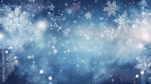 abstract blue snowflakes falling winter weather blurred background. © kichigin19