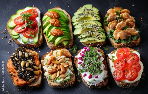 Enjoy a healthy protein toast topped with avocado, salmon, eggs, vegetables, tomatoes, herbs, pine nuts, sunflower seeds, and cream cheese, all on a bed of marble. Generative AI