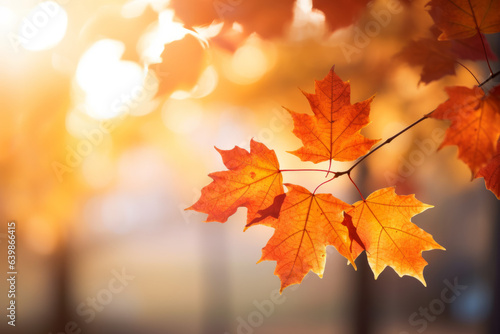 Autumn maple leaves in fall colors, with blurred background sunlight