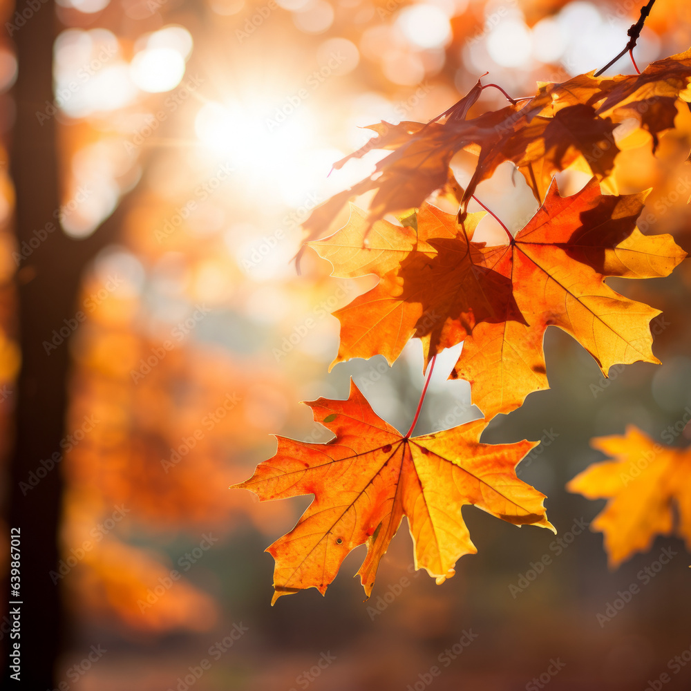 Autumn maple leaves in fall colors, with blurred background sunlight