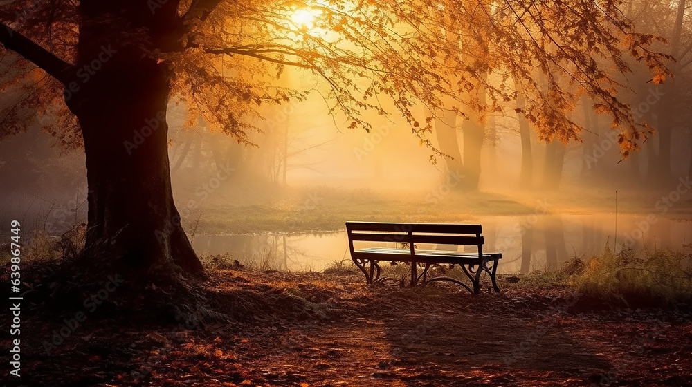 landscape, bench and morning fog in autumn park at sunrise.