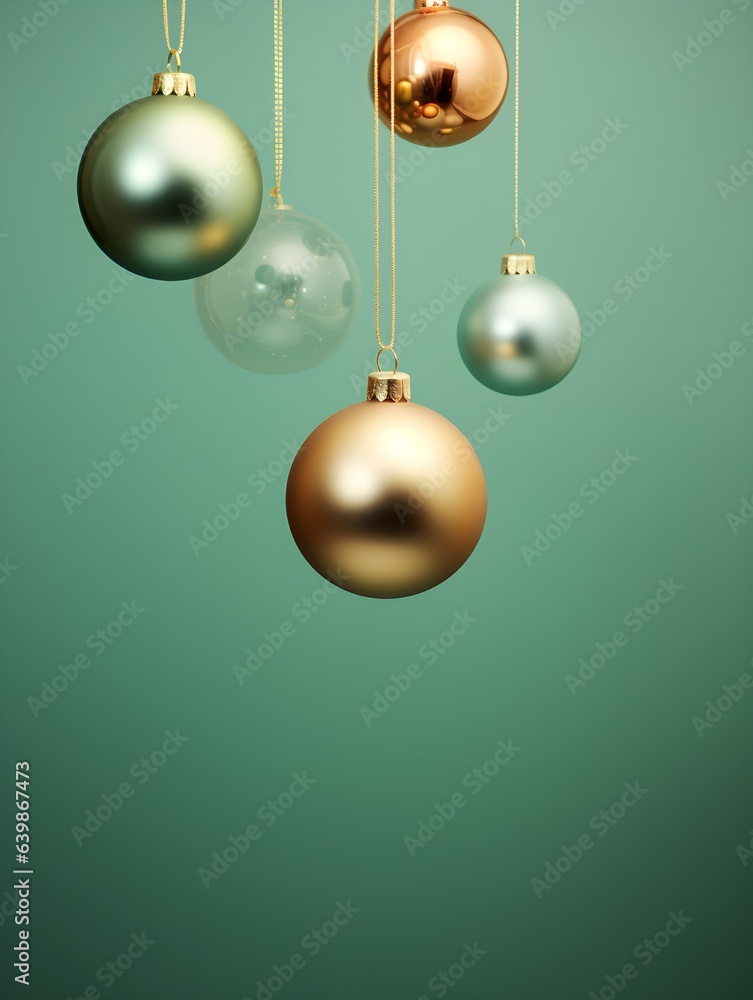 New Year Wishes! New year's balls on pastel background. Christmas decoration set. Golden and green ornaments wallpaper. Copy space.	