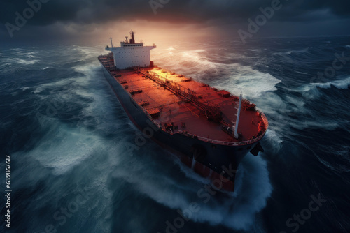 huge sea tanker sailing on the ocean, aerial view, dawn, severe storm