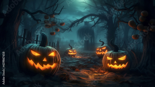 halloween background mysterious forest with pumpkins burning eyes. © kichigin19