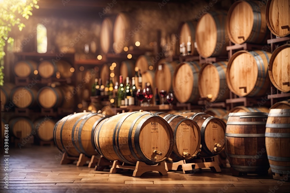 Wine in wooden barrels is stored. Wine cellar