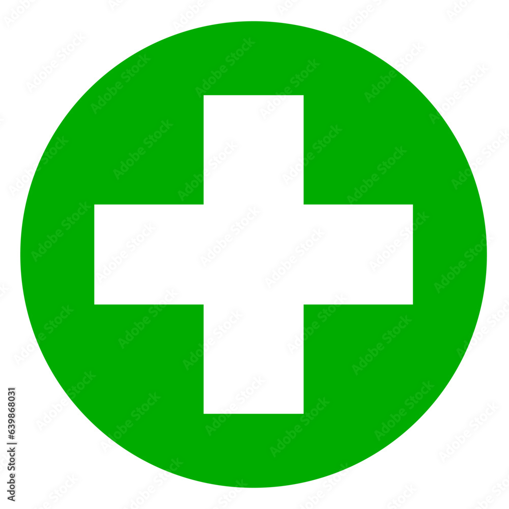 White cross icon on green circle background, green plus sign, cross symbol of safety guidance - stock vector White cross icon on green circle background, green plus sign, cross symbol of safety guidance - stock vector