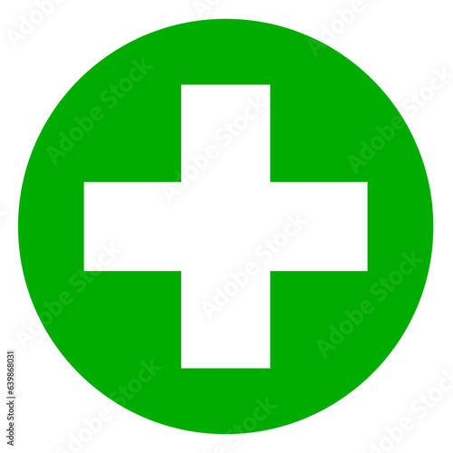 White cross icon on green circle background, green plus sign, cross symbol of safety guidance - stock vector