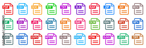 Set file document formats: PDF, CSV,  DOC, JPG, RTF, TXT, XLS, RAR, ZIP, AVI, MOV, GIF, JPG, PNG, PSD, RAF, MP3, MP4, XVID, MPEG, XTML, JPEG, file extensions diverse icons set isolated - stock vector