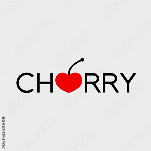 "Cherry" word design with illustration of cherry fruit on letter E.