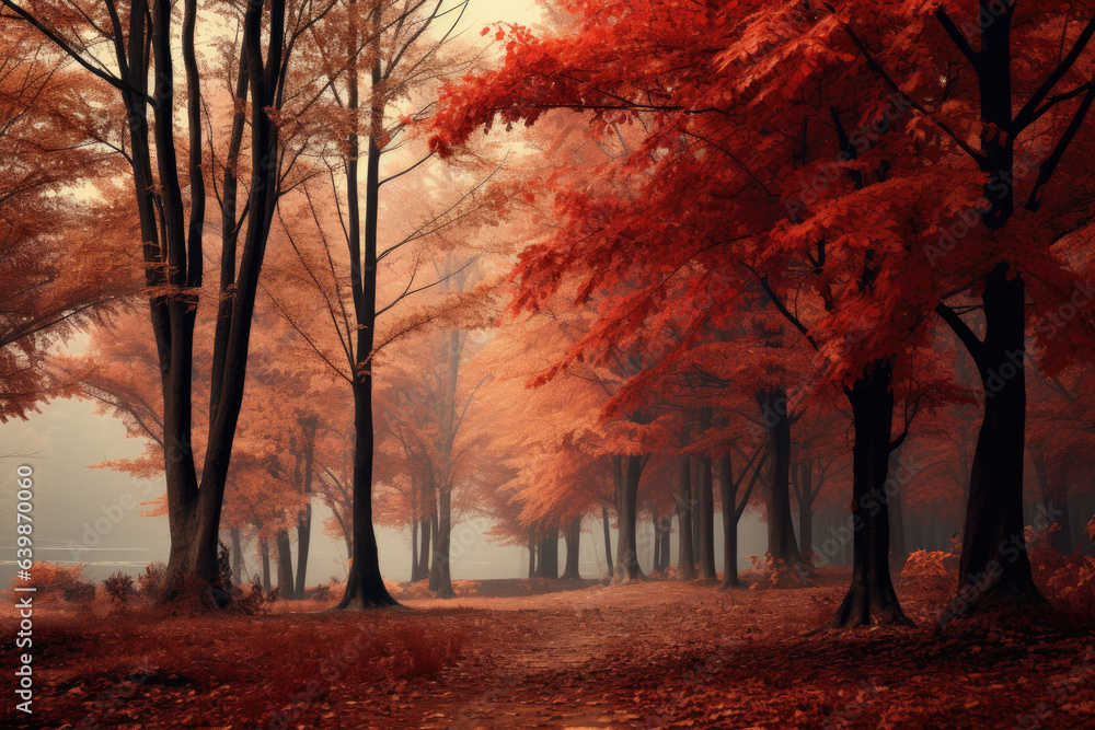 Ein Wald mit Bäumen in verschiedenen Rottönen, Gelbtönen und Orangetönen.