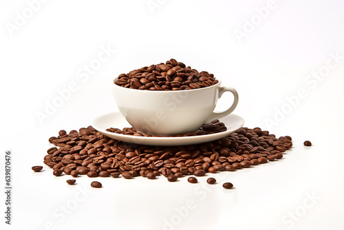 White mug of coffee beans on white background. Generative AI