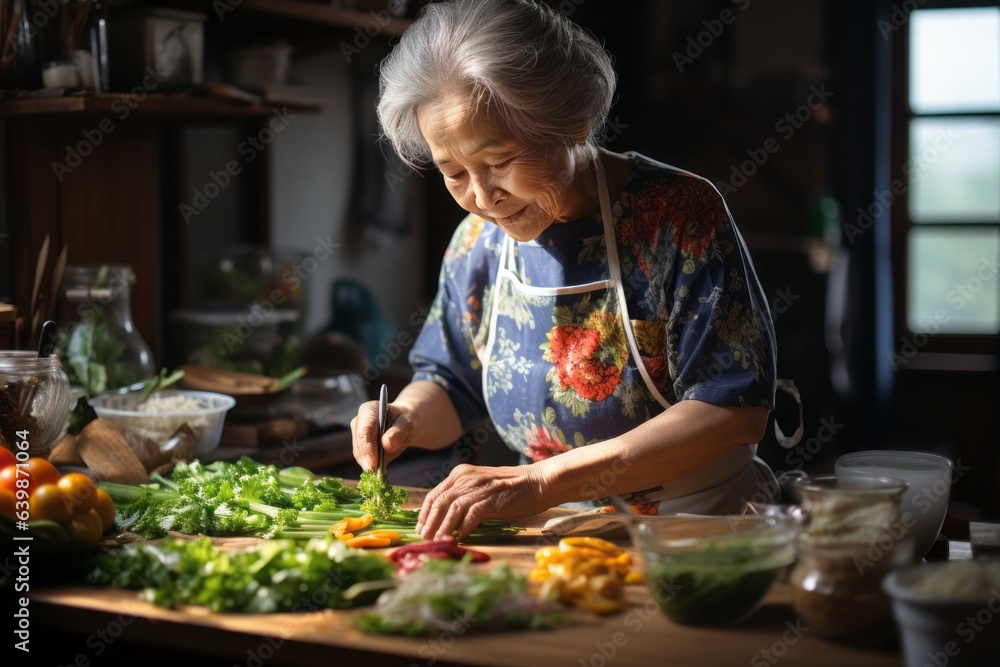 古風な日本のおばあさん、台所で野菜を切る