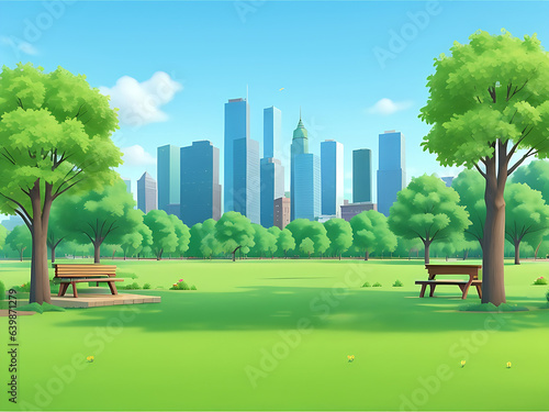 City park with wooden picnic tables and benches, green trees, flowering grass and city buildings on the skyline. ai generated