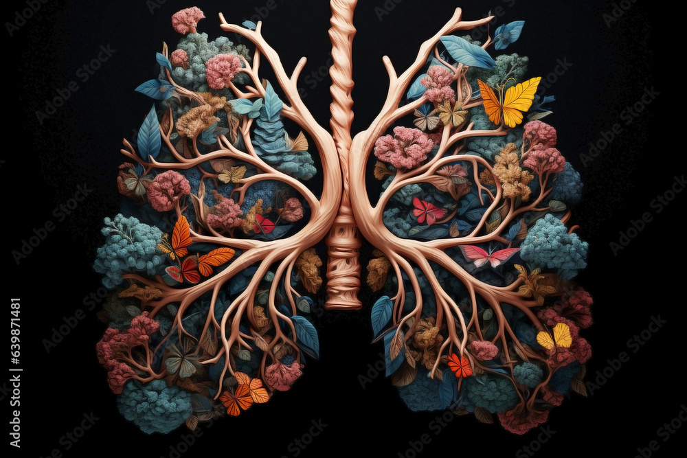 On a darkbackground, human lungs full of life, flowers, and plants. Elevate wellness through botanical abundance in lung health.